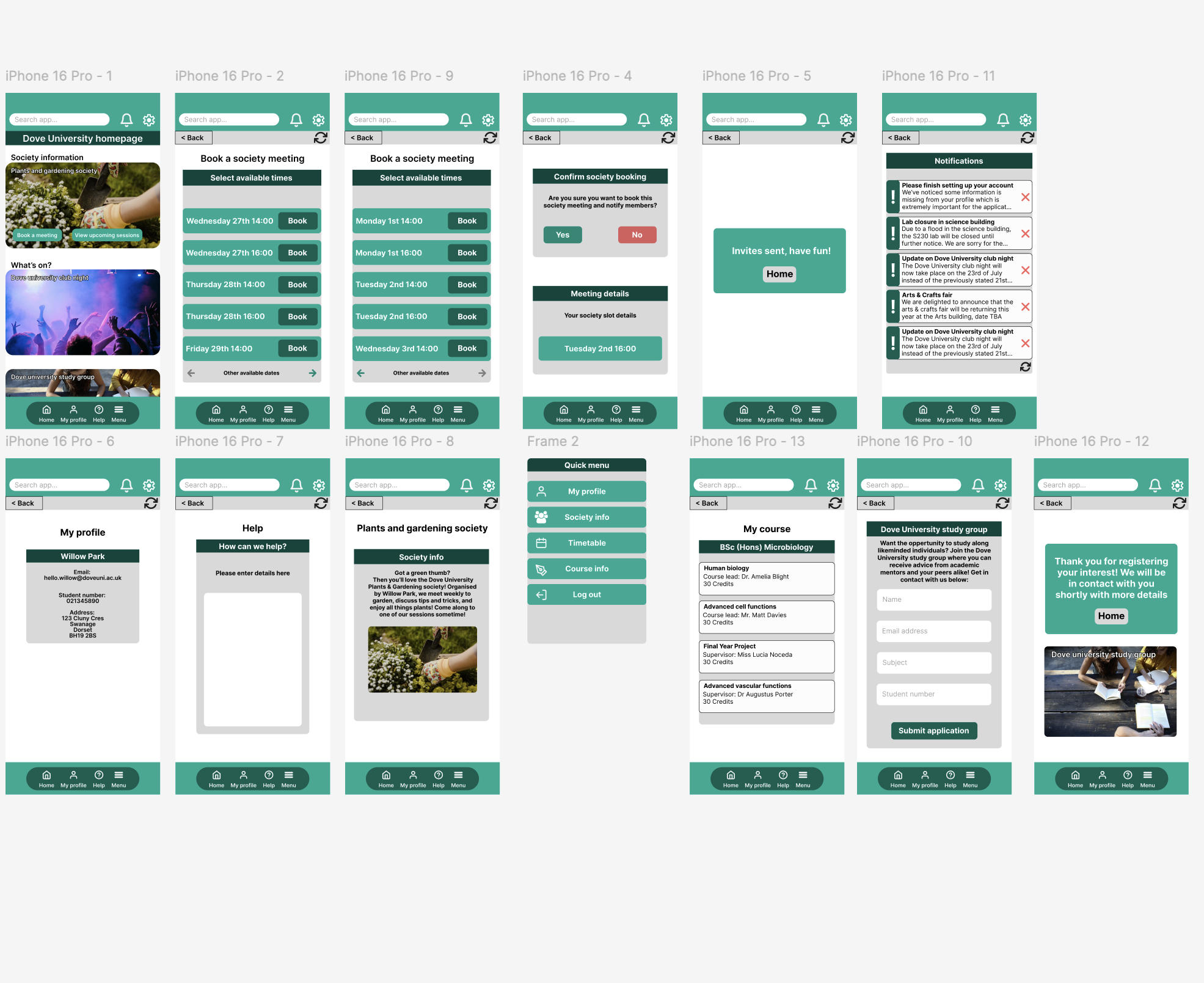 Figma prototype designs for a mobile university application